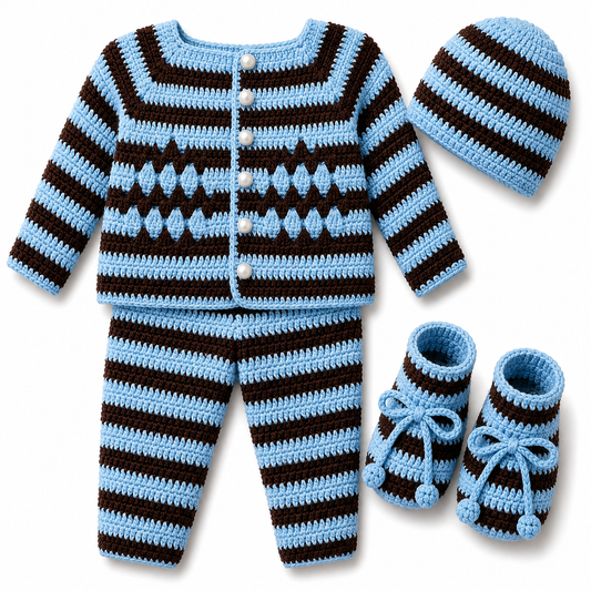 Sky Blue & Chocolate Striped Hand-Crocheted Baby Winter Set (0-6 Months)