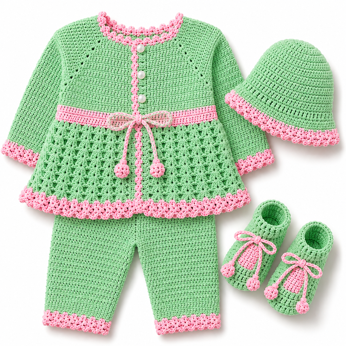 Mint Green & Baby Pink Hand-Knitted 4-Piece Baby Winter Set (0-6 Months)