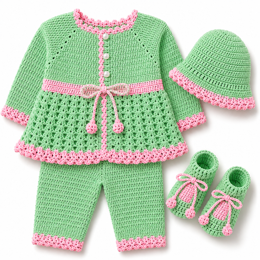 Mint Green & Baby Pink Hand-Knitted 4-Piece Baby Winter Set (0-6 Months)