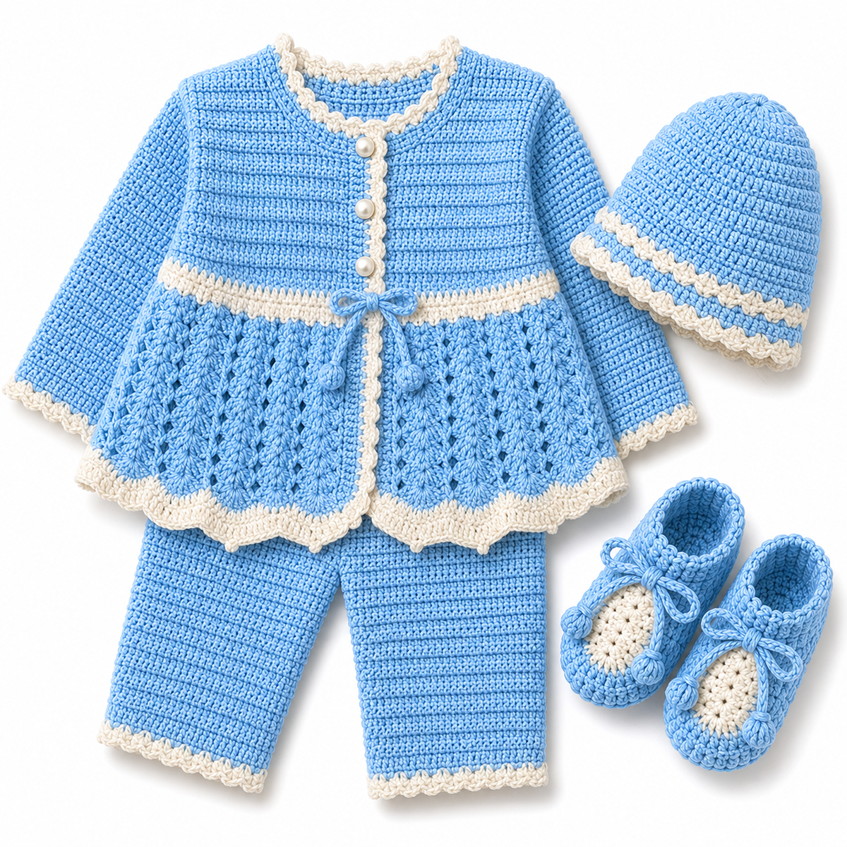 Sky Blue & Cream Hand-Knitted 4-Piece Baby Winter Set (0-6 Months)