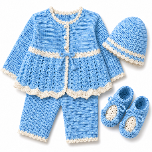 Sky Blue & Cream Hand-Knitted 4-Piece Baby Winter Set (0-6 Months)