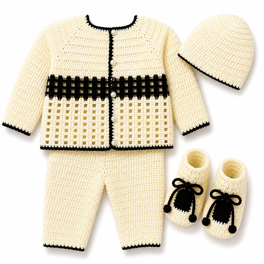 Ivory & Black Hand-Crocheted Baby Winter 4-Piece Set (0-6 Months)
