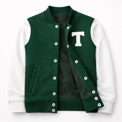 TinyTrendz Classic Varsity Jacket – Forest Green & White