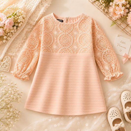 Peachy Lace Elegance Girls Dress – Premium Embroidered Party Wear