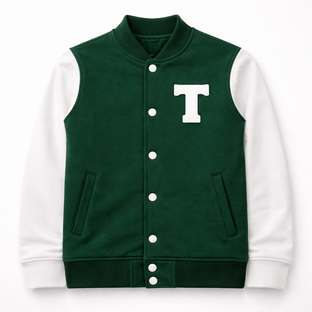 TinyTrendz Classic Varsity Jacket – Forest Green & White