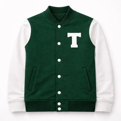 TinyTrendz Classic Varsity Jacket – Forest Green & White